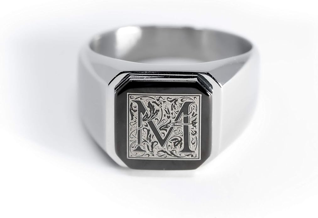 Jewelry | Stainless Steel Letter Alphabet Initial Ring | Square Flat Top Ring for Men & Women | Stainless Steel Jewelry, (Black, Gold, Silver), Size 7-16