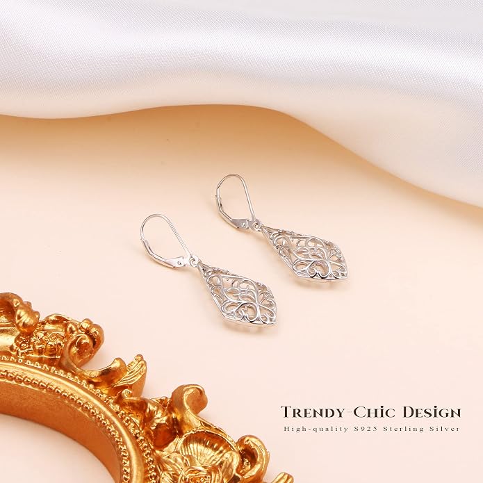 Sterling Silver Leverback Dangle Earrings for Women Teardrop Filigree 14K Gold Plated Dangly Earrings Mother’s Day Gift