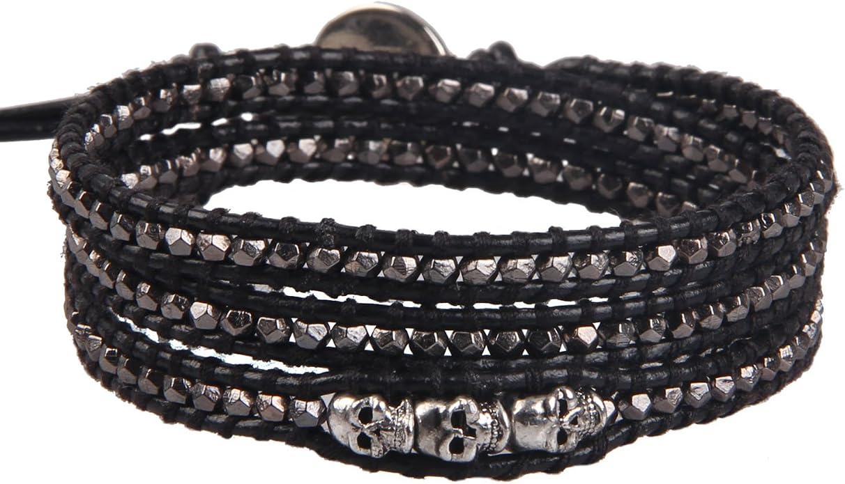 KELITCH Skull 3 Wrap Leather Bracelet Punk Beaded Bracelets Stackable Gothic Bangle Bracelets