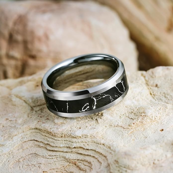 King Will Black Tungsten Wedding Band For Men, 8mm Promise Ring Inlay Red Twill Pattern/Colorful Wood Chips, High Polished Beveled Edge - Suitable For Daily Wear, Comfort Fit Size 7-14