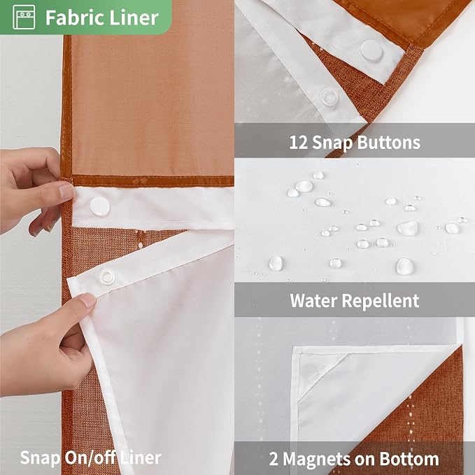 eachope No Hook Long Shower Curtain Set with Snap-in Fabric Liner,Linen Textured Thick Striped Fabric with Tassels,Boho Farmhouse Rustic Luxury Bathroom Curtain,Water-Repellent,Orange,71x80