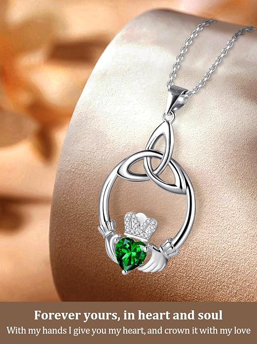 Gift Birthstone Necklaces for Women 925 Sterling Silver Irish Claddagh Necklace for Women Heart Birthstone Pendant Necklace Anniversary Birthday Gifts for Wife Lady Cable Chain 18"+2"