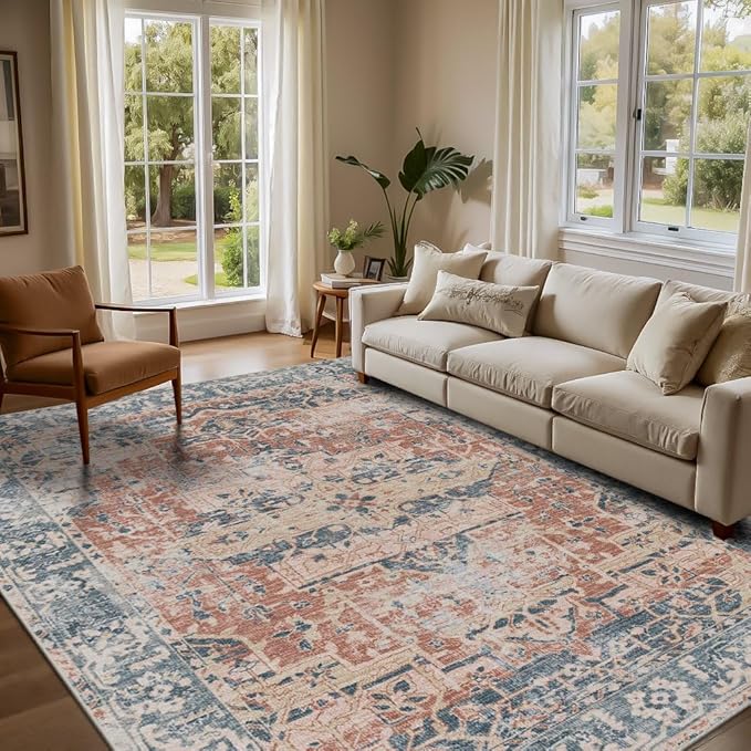 Rugxara Area Rugs 5x7 Washable Rug for Living Room Bedroom, Coral Blue | Non Slip, Rug for Dining Room Office Farmhouse Dorm, Stain Resistant, Soft, Vintage Boho Retro Carpet, Low Pile, Home Decor