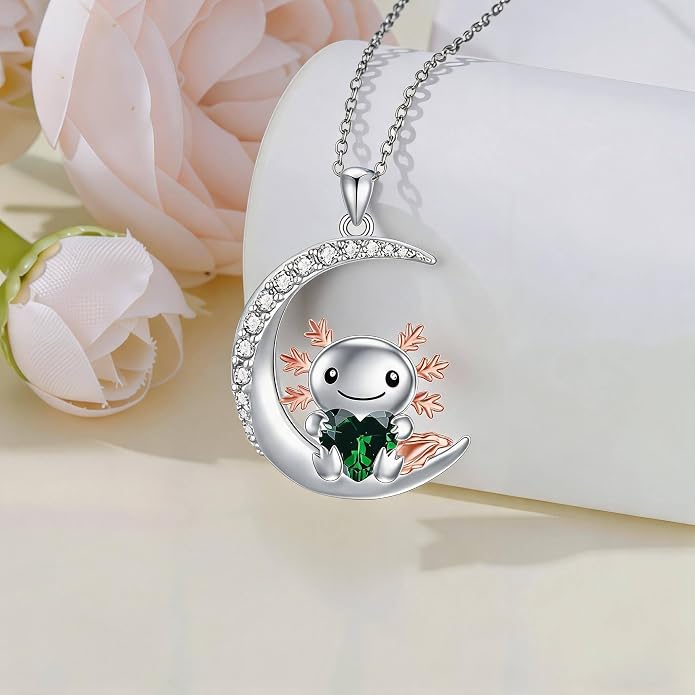 PROESS Animal Birthstone Necklace 925 Sterling Silver Otter/Axolotl/Hippo/Elephant/Dachshund/Monkey/Red Panda Pendant Necklace Animal Birthstone Jewelry Gifts for Women