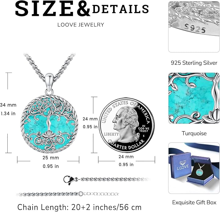Tree of Life Necklace for Women Sterling Silver Celtic Moon Tree Moonstone Turquoise Pendant Heart Family Tree Necklace for Mother Daughter Sister Gifts