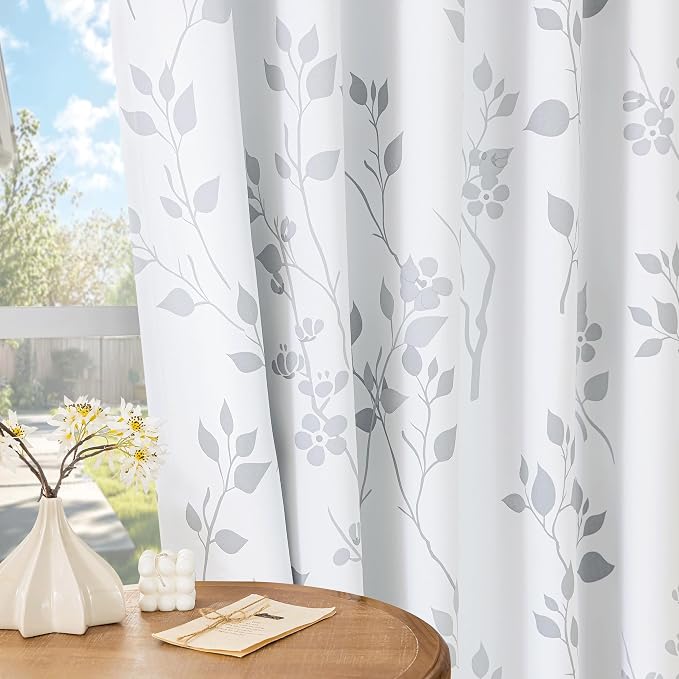 Beauoop Floral 100% Blackout Curtains for Bedroom Grey White 52X72 2 Panels | Flower Patterned Room Darkening Drapes for Living Room 72 Inch Long Thermal Insulated Soundproof Window treatment Rod Pocket