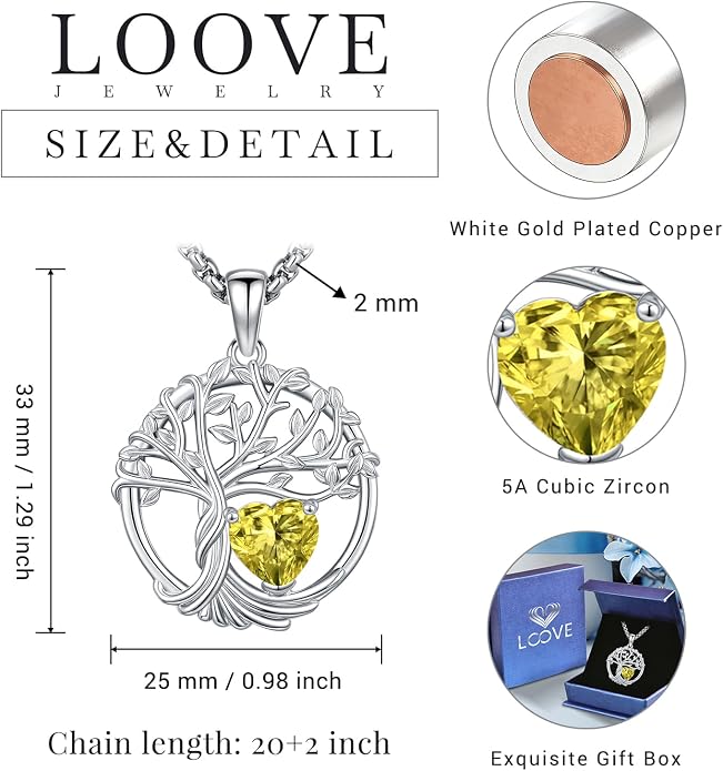 Birthstone Tree of Life Necklace for Women Heart Crystal Pendant Silver Plated Birthday Anniversary Jewelry for Wife, Mom, and Her