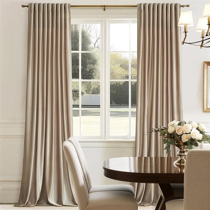 100% Full Blackout Champagne Beige Polyester Velvet Curtains 96 inch Long for Living Room,Set of 2 Liner Rod Pocket Back Tab Thermal Window Curtains Room Darkening Heavy Decor Drapes for Bedroom