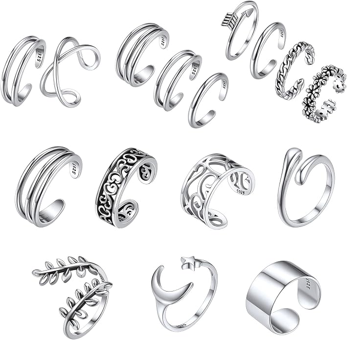 SILVERCUTE Toe Ring, Chic 925 Stamped Toe Ring, Band/Leaf Toe Ring, Sterling Silver Open Adjustable Toe Ring Set, Adjustable Pinky Rings