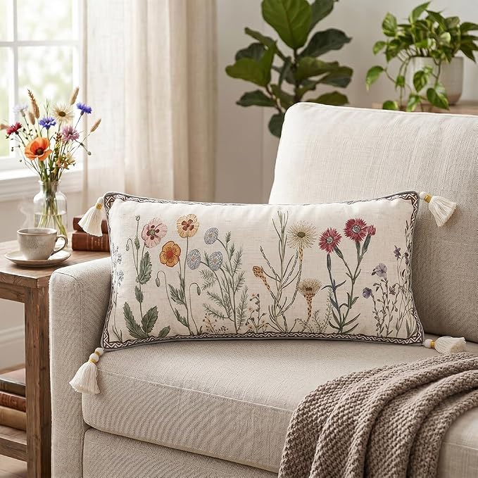 ISAENNE Designer Vintage Linen Throw Pillow Cover,28"x12"-Serenity D | French Elegant Rectangle Decor Pillow Cover,Concealed Zipper Design,Light Beige,Sofa,Bedroom,Living Room,Chairs