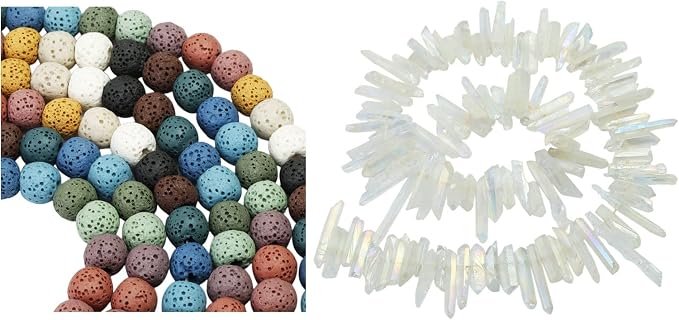 SUNYIK Pack of 2 Colorful Lava Rock Stone Loose Bead 14" & Angel Aura Quartz Titanium Coated Crystal Points Strand