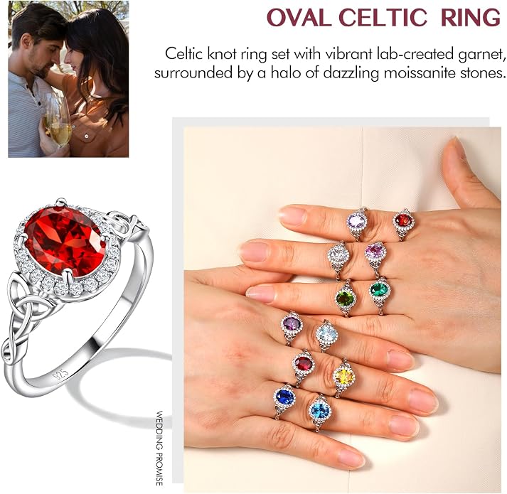 DAYBYDAY Celtic Birthstone Rings for Women 925 Sterling Silver Heart/Round/Pear/Oval Created Gemstone Moissanite Halo Engagement Promise Rings for Her Wife Birthday Anniversary Wedding Jewelry