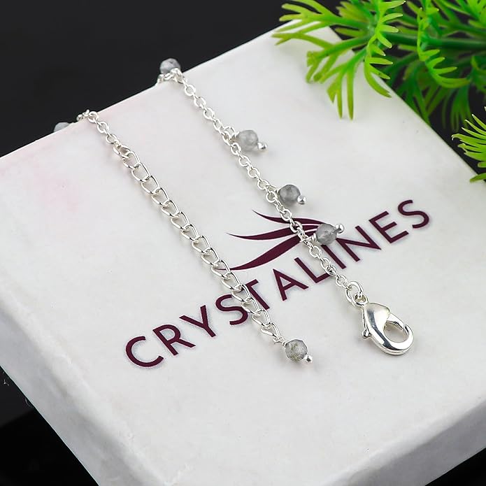 Natural Gemstone Beaded Dangle Anklets, Handmade Bohemian Jewelry, Micro-Faceted Stones Wicca & Reiki Healing Crystals, Silver Ankle Bracelet, Christmas Gift for Women, 9+1.50inch