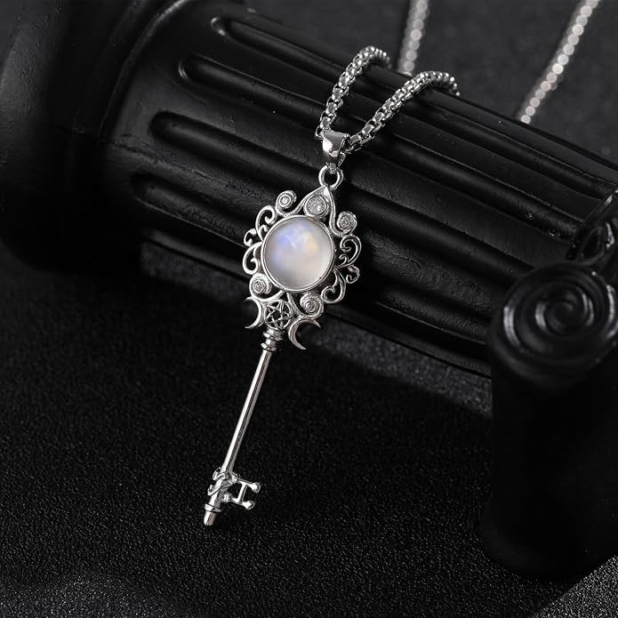 Natural Moonstone Crystal Key Necklace for Women, Retro Triple Moon Key Healing Crystal Wiccan Pagan Jewelry Gift