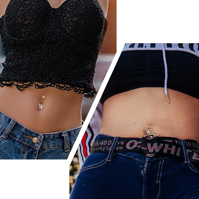 COCHARM 14K Real Gold Butterfly Belly Button Rings Solid Gold Belly Rings for Women 14K Belly Piercing Jewelry 14 14ktNavel Rings Navel Bar