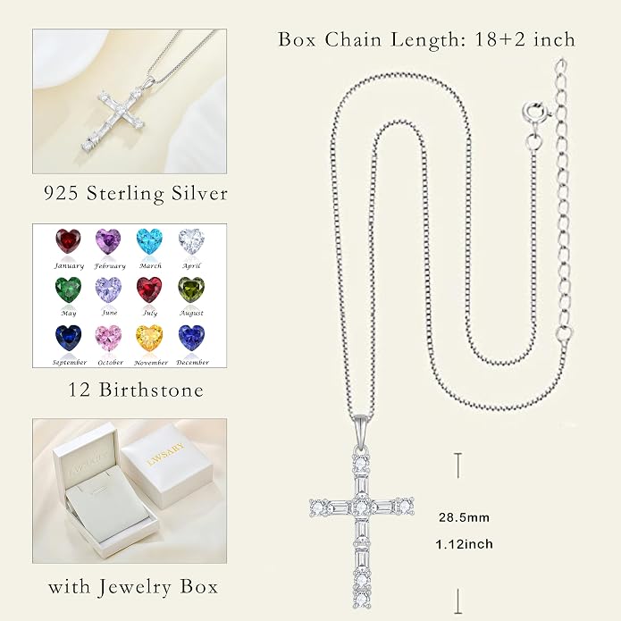 Birthstone Cross Necklace for Women 925 Sterling Silver Christian Religious Crucifix Pendant Rectangular Cut Birthstone Jewelry Gifts for Her