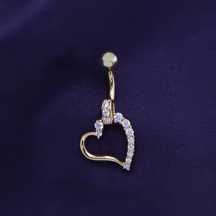 AFFY Women's Heart Charm Belly Ring with Round White Cubic Zirconia in 14K Gold Plated 925 Sterling Silver, Dangle Navel Piercing Jewelry for Her