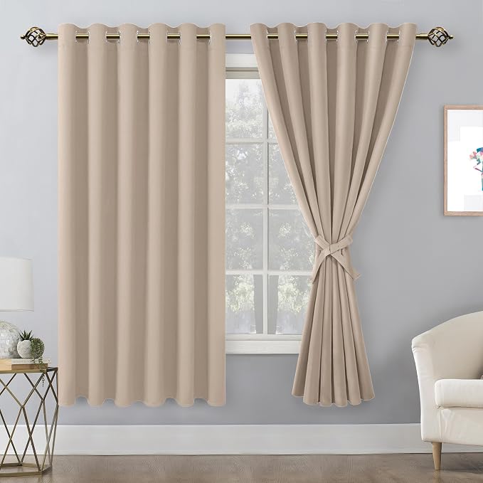Hiasan Grommet Blackout Curtains for Bedroom, 70 x 63 Inches - Thermal Insulated & Light Blocking Window Drapes for Living Room/Dorm Room, Set of 2 Panels Sewn with Tiebacks, Camel