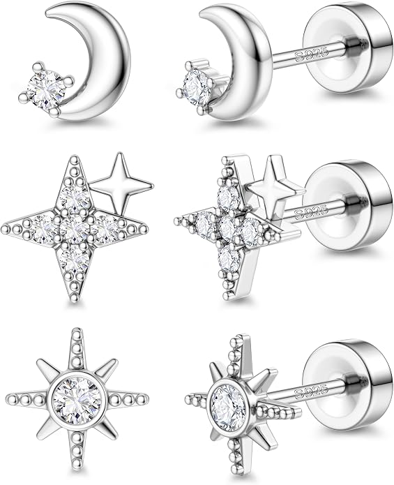 ORAZIO 925 Sterling Silver Flat Back Stud Earrings for Women Hypoallergenic 14K Gold Plated Cartilage Earrings for Sensitive Ears Small CZ Opal Conch Helix Tragus Piercing Jewelry 3 Pairs 20G