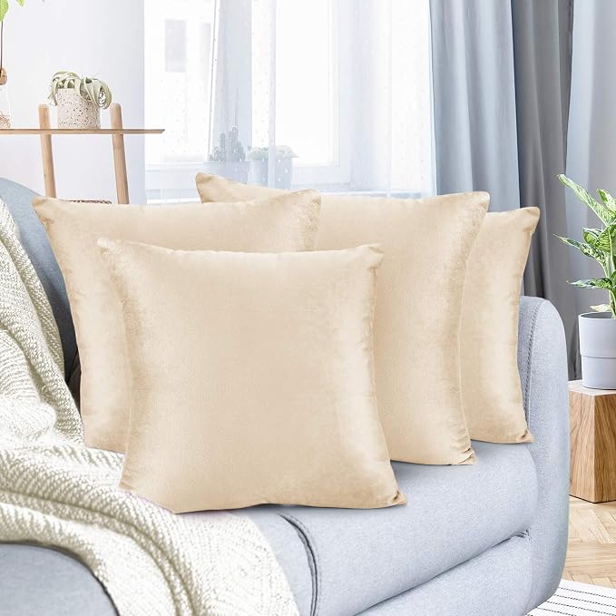 Nestl Throw Pillow Covers, Cozy Velvet Decorative Outdoor Pillow Covers 20X20 Inches, Soft Solid Cushion Covers for Sofa, Bed and Car, Set of 4 - Beige Cream