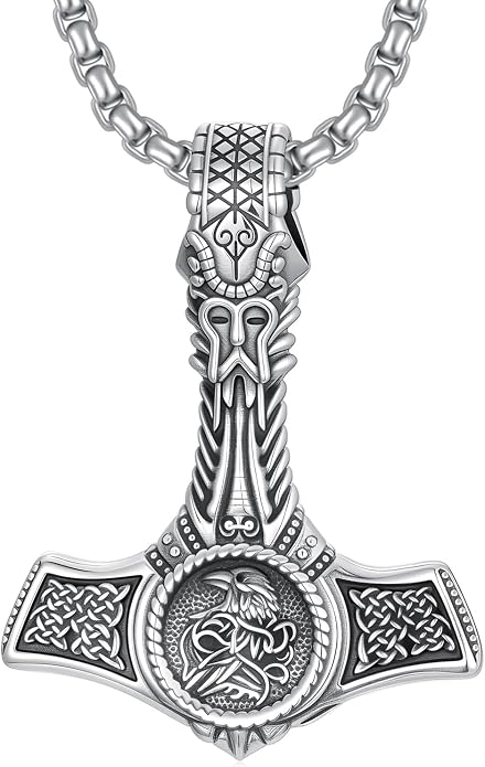 PROESS Thors Hammer Necklace Sterling Silver Celtic Knot Wolf/Lion/Raven Necklace Viking Mjolnir Pendant Jewelry for Men