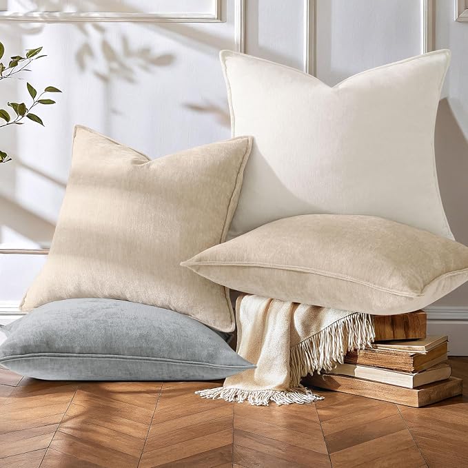 decorUhome Set of 4 Chenille Throw Pillow Covers 18x18(Beige/Cream) | Couch Decorative Soft Neutral Pillow Covers with Elegant Design for Living Room Bed Sofa