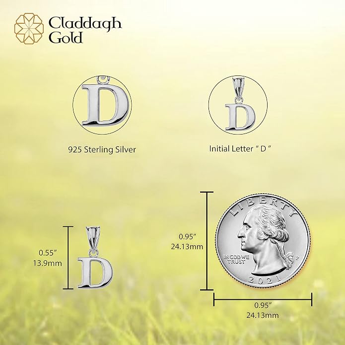 Claddagh Gold .925 Sterling Silver Initial Pendant Charm – Personalized Alphabet Letter Jewelry in 0.80mm or 0.55mm Block Font