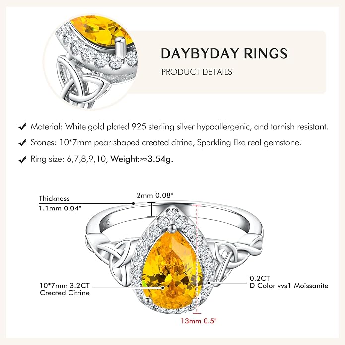 DAYBYDAY Celtic Birthstone Rings for Women 925 Sterling Silver Heart/Round/Pear/Oval Created Gemstone Moissanite Halo Engagement Promise Rings for Her Wife Birthday Anniversary Wedding Jewelry