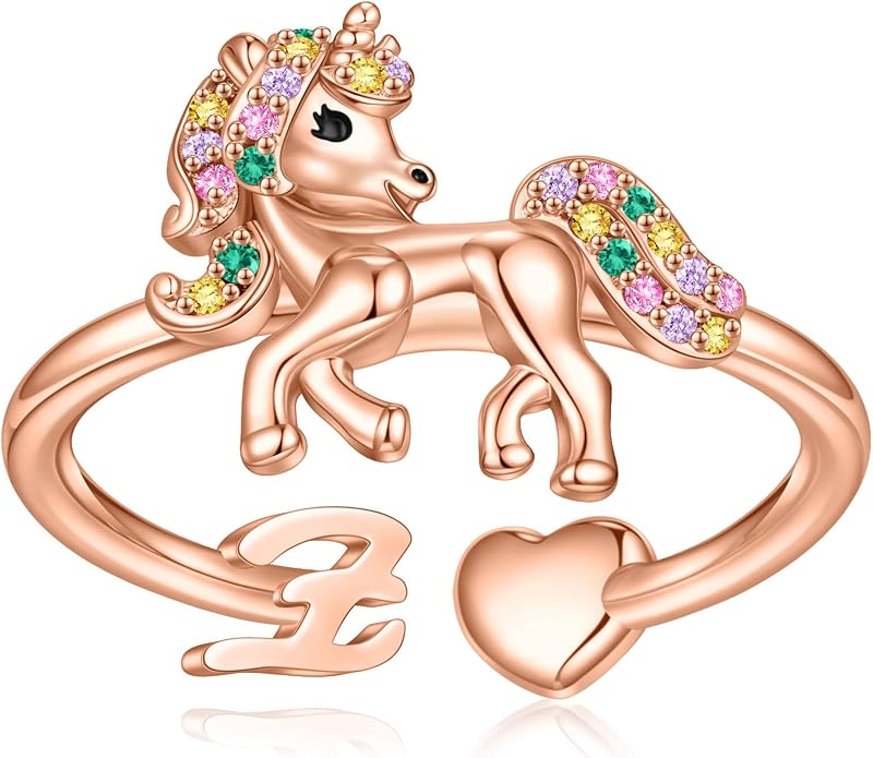 Unicorn Initial Rings for Teen Girls, Rose Gold/White Gold Plated Heart Initial Rings for Girls Adjustable Stackable Rings for Women Diny Heart Ring for Teen Girls Gifts Unicorns Gifts for Girls