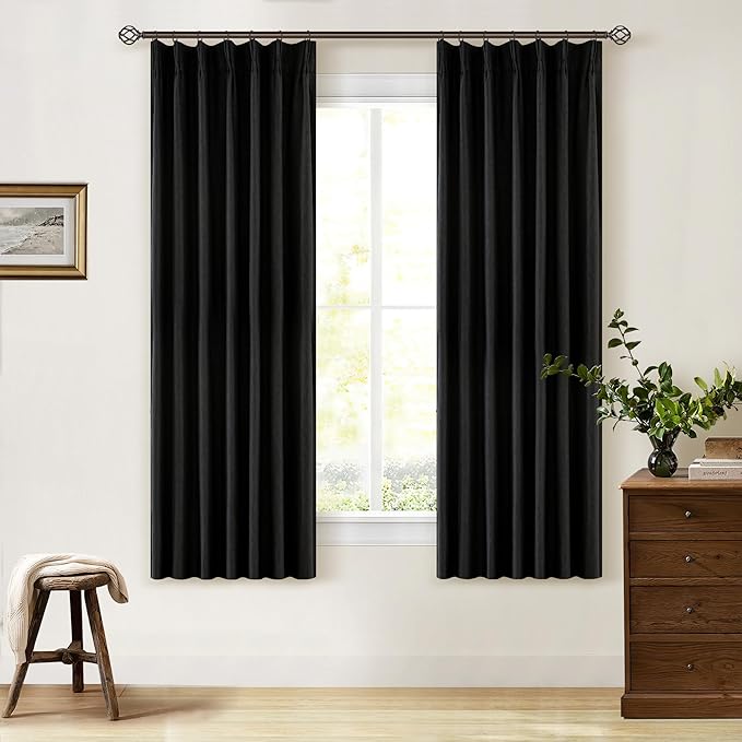 Black 63 Inch Length Blackout Pleated Linen Curtains with Liner 2 Panels | Memory Trained, 100% Black Out, Thermal Insulated, UV Blocking, Noise Reducing Curtains for Small Window Bedroom 2 Panels