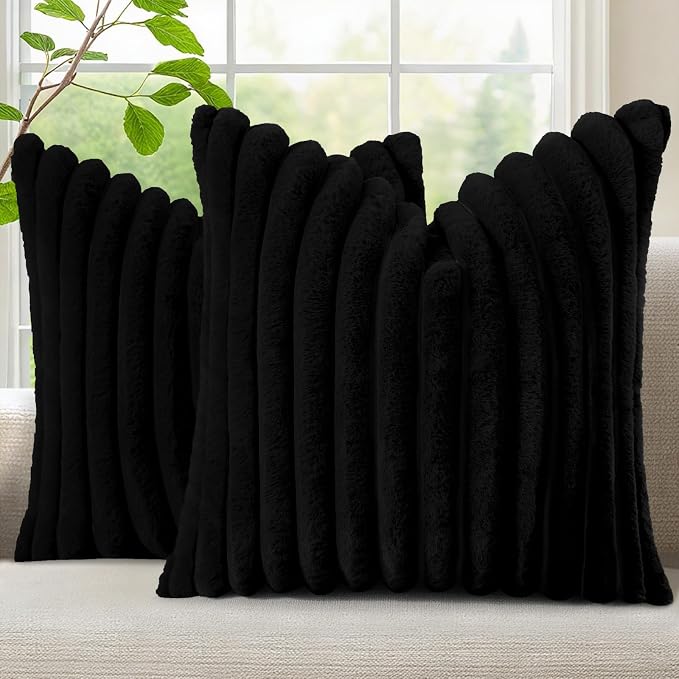 decorUhome Fall Faux Fur Throw Pillow Covers 20x20 Set of 2 Black | Decorative Soft Cozy Striped Plush Modern Farmhouse Boho Couch Pillow Cases Velvet Back for Sofa Bed Living Room Home Decor