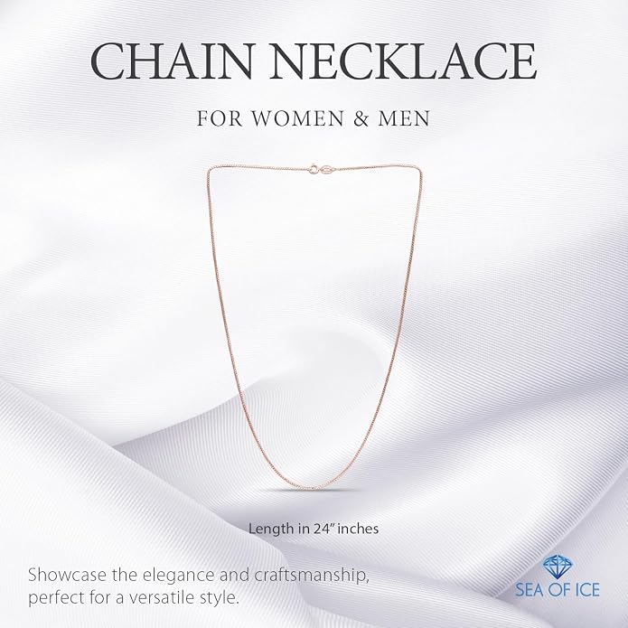 SEA OF ICE Chain Necklace 925 Sterling Silver with Ring Clasp Closure, Italian Box Necklace Chain Necklace for Women & Men, Available in Gold, Rose Gold, Silver, and Black Rhodium, Multisize