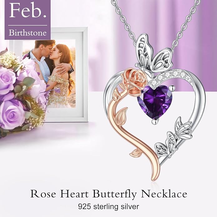 TOUPOP Rose Heart Birthstone Necklace 925 Sterling Silver Heart Butterfly Pendant Love Jewelry Birthday Gifts for Women Wife Mom Her
