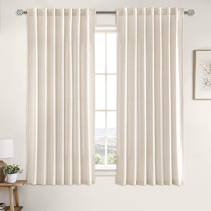 MIULEE Non-See-Through Privacy Linen Curtains 52W x 63L Inch Cream | 2 Panels, Light Filtering, Semi Sheer Window Curtains, Farmhouse Textured, Back Tab Drapes for Bedroom Living Room