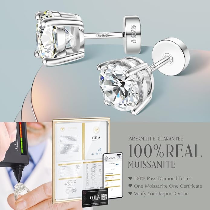 Moissanite Earrings, Hypoallergenic Flat Back Earrings for Women Men, Screw On Studs 925 Sterling Sliver Cartilage Earring for Sensitive Ears 4mm Short Post