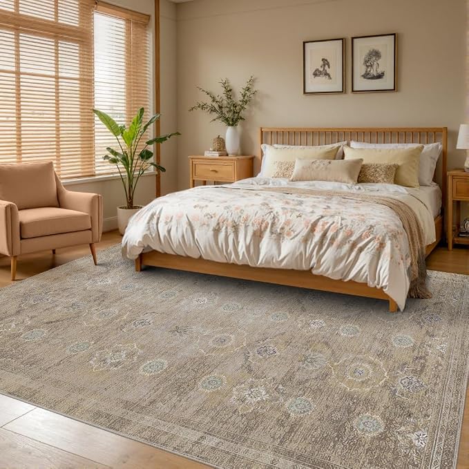 Rugxara Beige 8x10 Area Rugs for Living Room Bedroom Large Washable Rug | Non Slip, Rug for Dining Room Bedroom Office Kids Room, Stain Resistant, Soft, Low Pile, Vintage Boho Retro Carpet,Home Decor