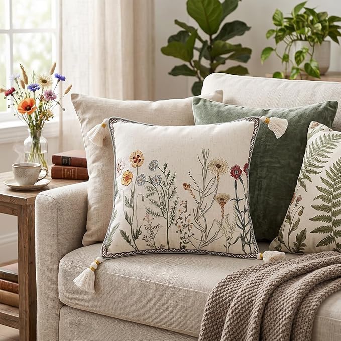 ISAENNE Designer Linen Throw Pillow Cover,Set of 2,18"x18"-Serenity D | Vintage French Elegant Square Decor Pillow Cover,Concealed Zipper Design,Light Beige,Sofa,Bedroom,Living Room,Chairs