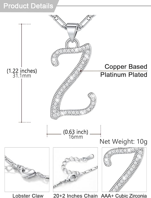 U7 Initial Necklace for Women, Gold/Platinum Plated CZ Crystal Letter A-Z Pendant Necklace, Shiny 20 Inch Name Chain Dainty Personalized Jewelry for Men Mom Wife Friend