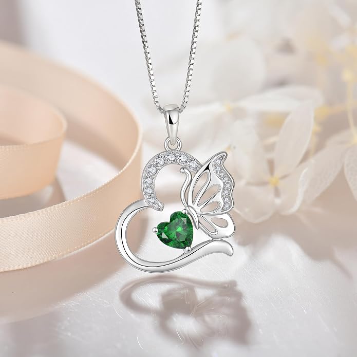 Butterfly Necklace for Women 925 Sterling Silver Heart Pendant Birthstones Jewelry Gift