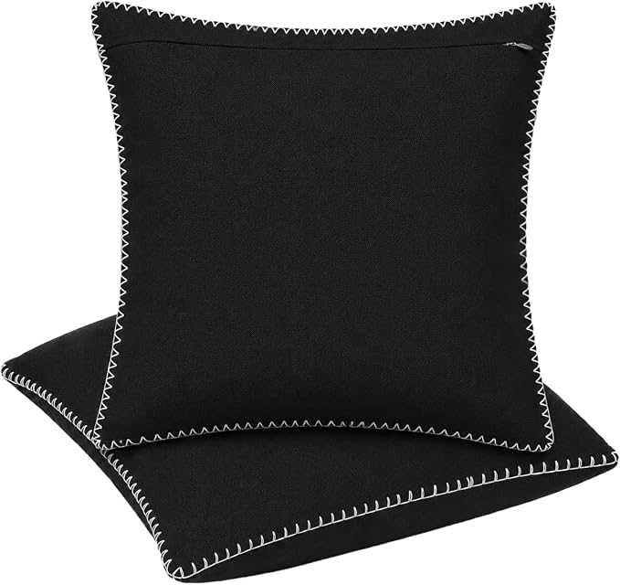 LFH Home Black Cotton Rich Throw Pillow Covers 18x18 Set of 2, Decorative Cushion Covers with Blanket Stitch Edge, Farmhouse Accent Pillow Cases for Sofa Couch Bed Living Room, 18 x 18 Inch