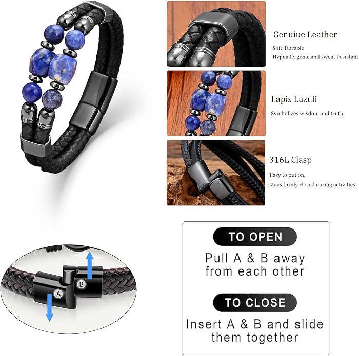 Mens Turquoise/Lapis Lazuli/Tiger Eye/Black Agate/Obsidian Leather Braided Bracelets for Father's Day/Birthdays/Graduation Jewelry Wristband Cuff Bracelet with Stainless Steel Clasp