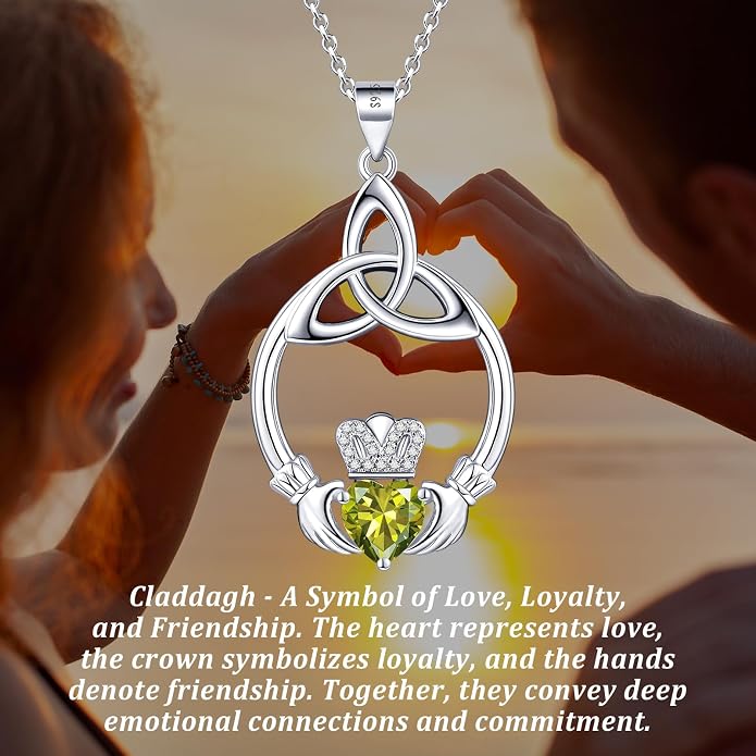 Gift Birthstone Necklaces for Women 925 Sterling Silver Irish Claddagh Necklace for Women Heart Birthstone Pendant Necklace Anniversary Birthday Gifts for Wife Lady Cable Chain 18"+2"