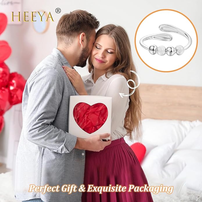 HEEYA Anxiety Rings for Women,Sterling Silver Rings to my Daughter,Adjustable Stress Spinner Ring with Beads,Anxiety Fidget Ring for Women,Thumb Jewelry for Birthday,Christmas with Gift Card