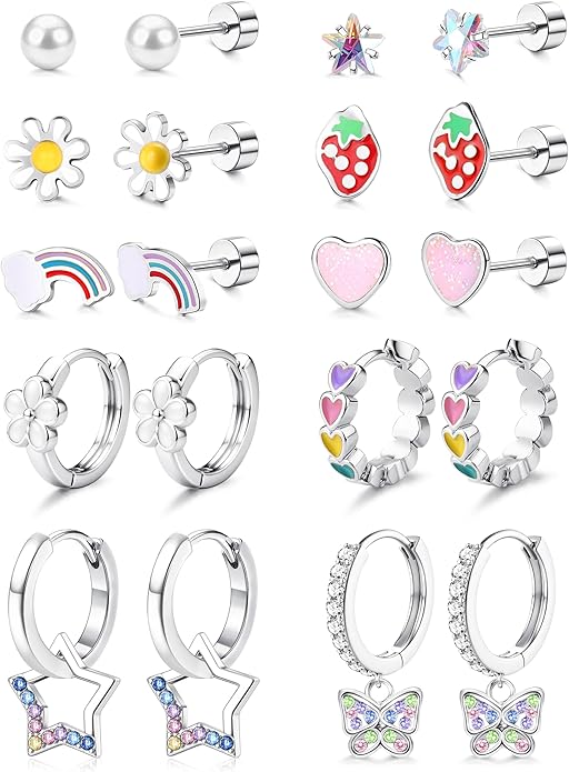 LOLIAS Hypoallergenic Earrings for Girls Flat Back-Stainless Surgical Steel Earrings for Sensitive Ears Women Cute Hoops Flatback Studs Screw Back Toddler Kids Teen Girls Earrings Jewelry