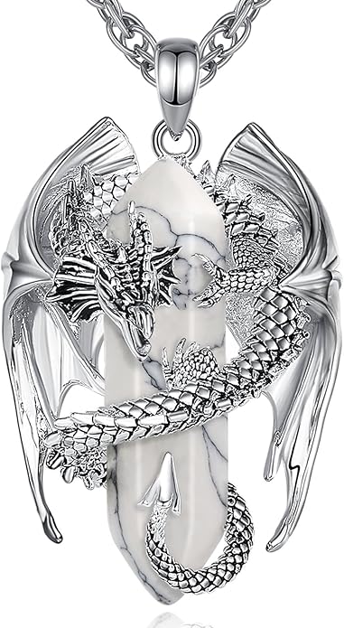 INFUSEU Unique Dragon Necklaces with Healing Crystal Stone for Men Women, Personalized Spiritual Gifts, 24 Inch Chain