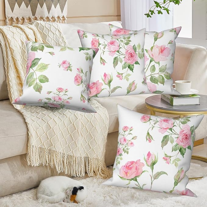Pink Roses Throw Pillow Covers Blooming Floral Set of 4 Vintage Countryside Small Flower Green Leaves Linen Square Pillowcases for Couch Sofa Bedroom Patio Farmhouse Chair 20x20 Inch