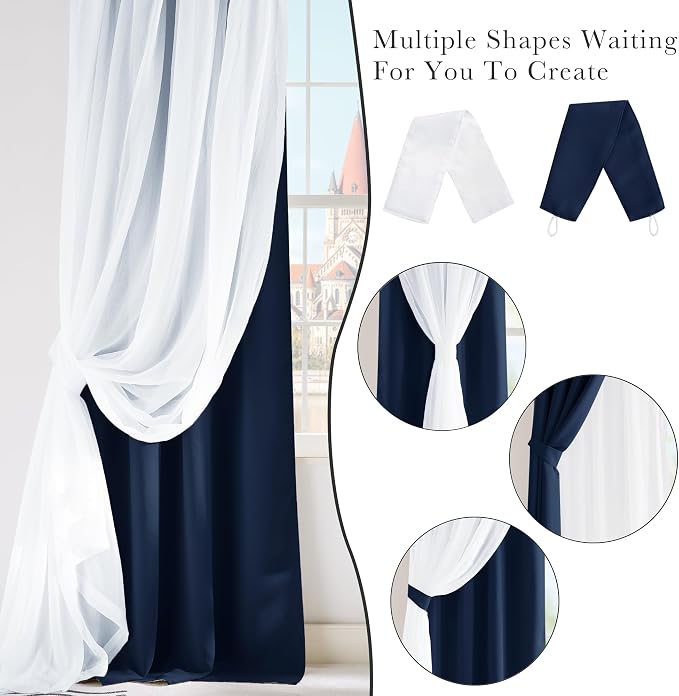 PONY DANCE Blackout Curtains with Sheer - Decorative 2 Layers Voile Crushed Drapes Elegant Window Covering for Bedroom Decor, 52 x 63 inches, Navy Blue, Pack-2