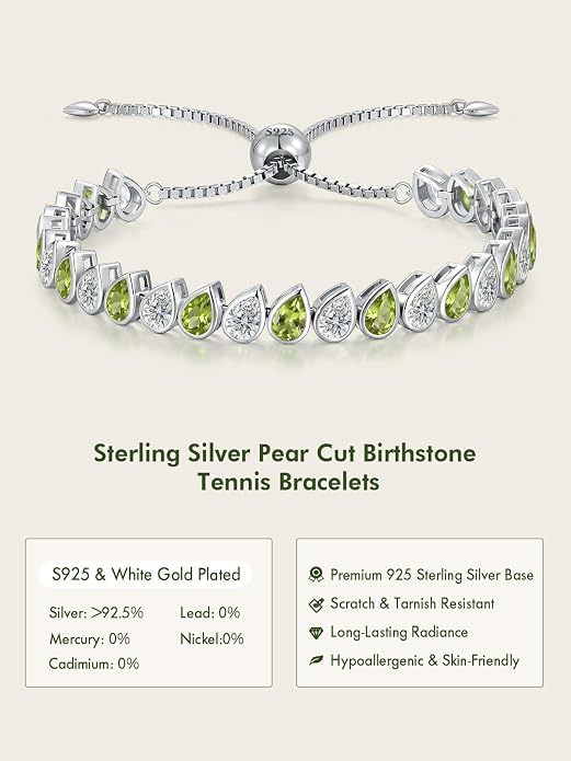 Birthstone Tennis Bracelet for Women 925 Sterling Silver Pear Shaped Gemstone Inlaid White Gold Plated Adjustable Chain Gifts for Mom Wife
