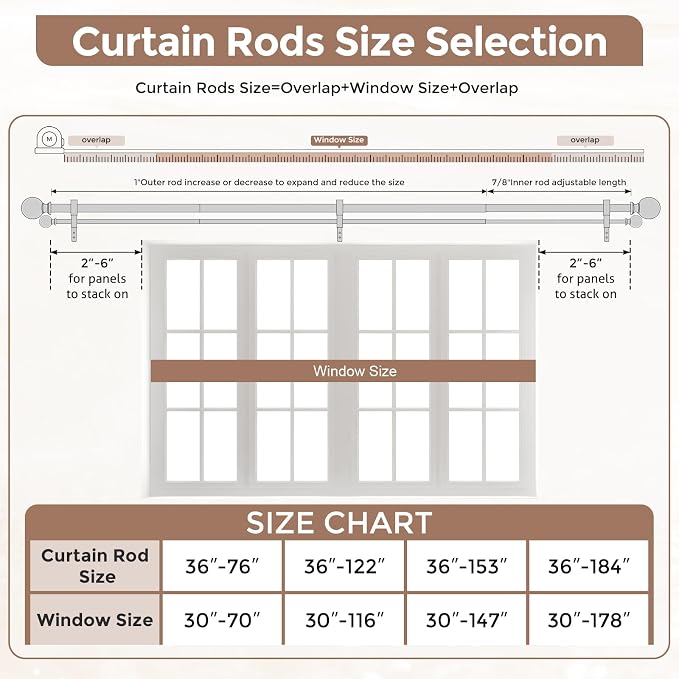 Boho Decorative Double Curtain Rod, 36-184 Inch, White Wood | Handmade Wood Grain Leaf Finials, Heavy Duty Adjustable Exrta Long Rustic Metal Dual Rods, 40 lb Capacity, Easy to Install