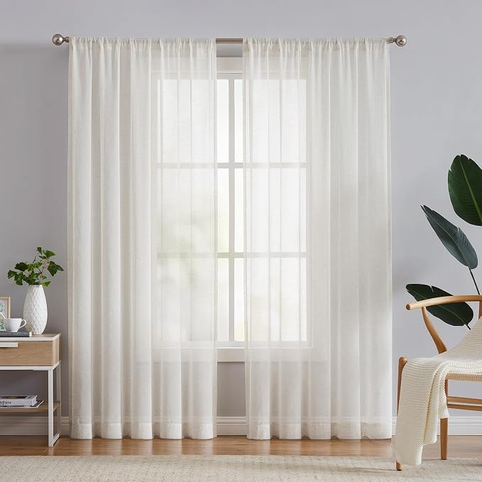 FMFUNCTEX Pinch Pleated Curtains for Bedroom, Flax Beige 72 Inches Long Curtain See Through Panels for Living Room, Natural Window Drapes for Farmhouse, Rod Pocket 2 Panels | Natural Semi Sheer Window Drapes French See Through for Bedroom and Living Ro...